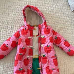 Mini Boden Pink Apple Print Long Line Puffer Jacket